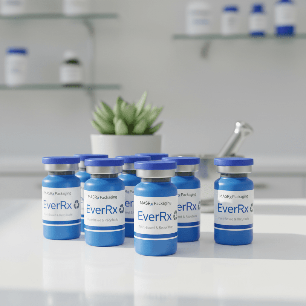 Close-up of blue EverRx vials on a pharmacy counter with eco-friendly emphasis.