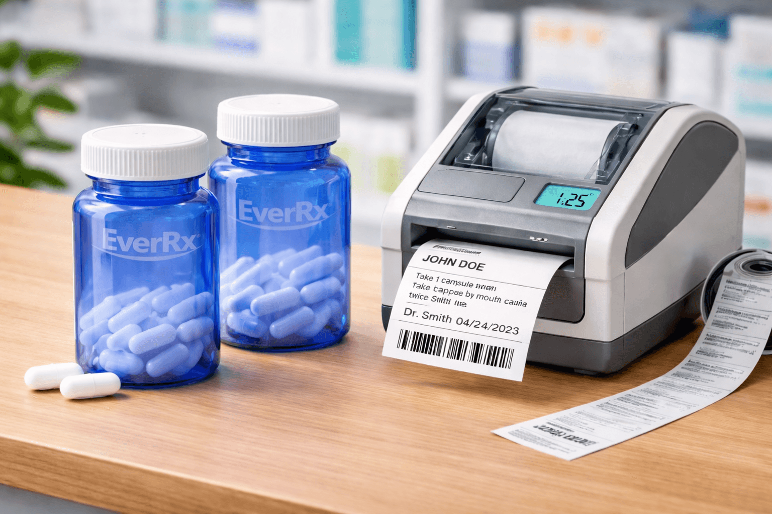 Blue EverRx pill bottles beside a printer producing a prescription label on a pharmacy counter.