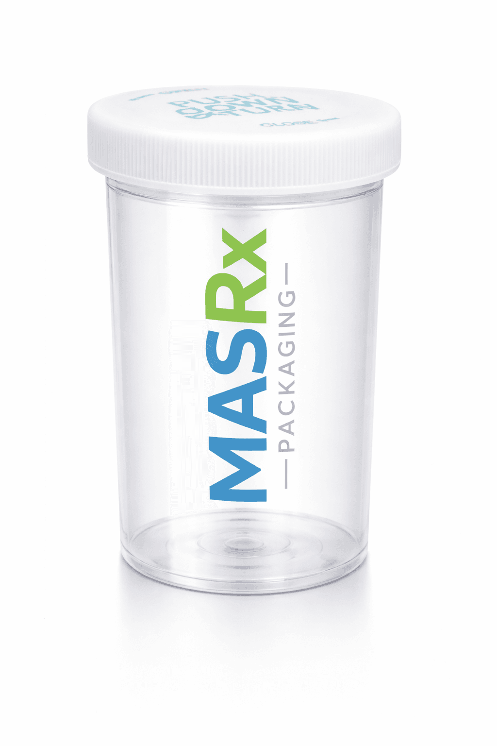 Clear plastic container with a white child-resistant cap featuring the blue and green MASRx logo.
