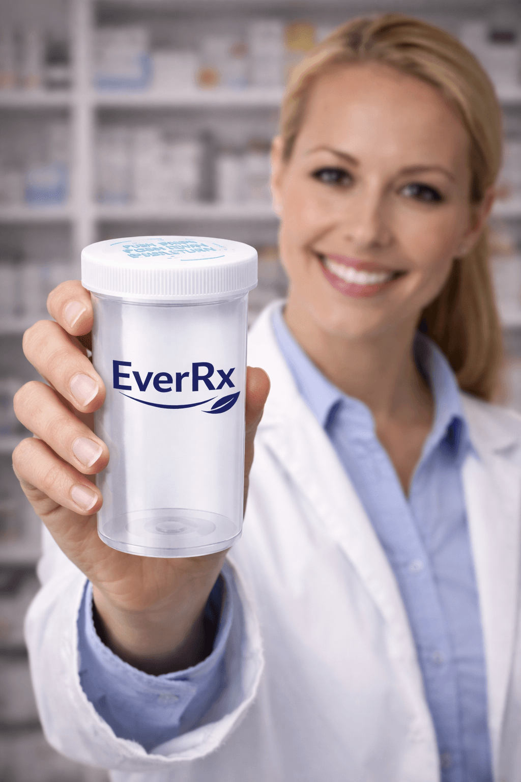 Smiling pharmacist in a white coat holds a clear EverRx pill bottle in a pharmacy.