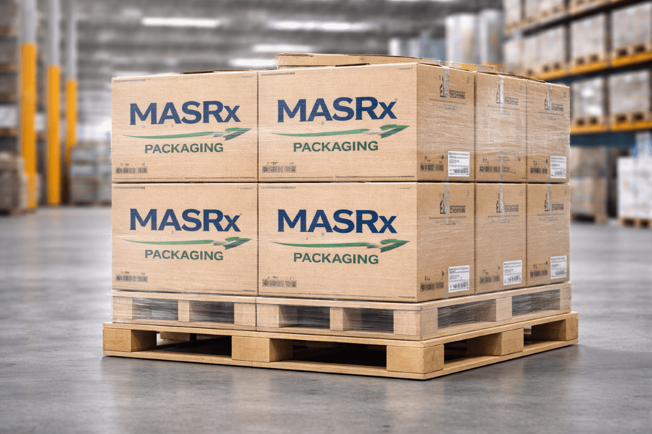 Shrink-wrapped MASRx PACKAGING cardboard boxes stacked on a wooden pallet in a large warehouse.